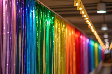Shimmering metallic fringe curtain in a rainbow of colors shiny Birthday Background