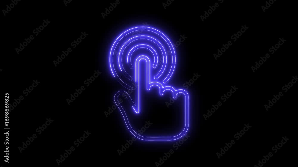 Poster glowing neon finger tapping icon on black background for technology and ui design