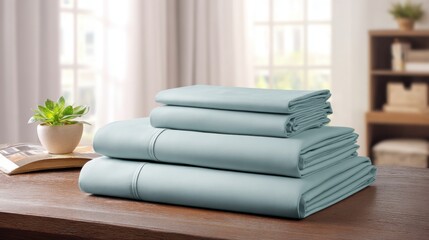 Light blue folded bed sheets on wooden table in bright room