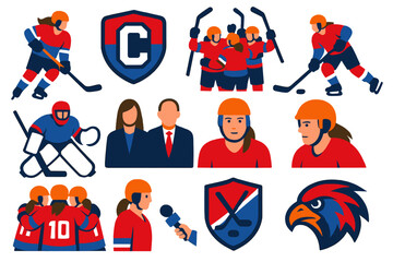 Women's Hockey Icons. Flat vector icons of women’s hockey: female skater, captain badge, team celebration, slapshot pose, save