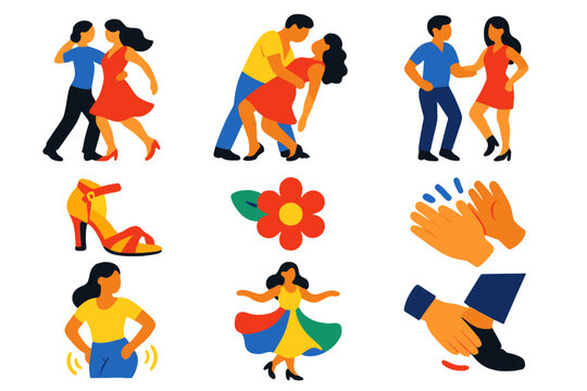 Latin Dance Icons. Flat vector icons of Latin dance: salsa spin, bachata dip, merengue step, cha-cha stance, Latin heels, flower