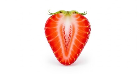 A vivid close-up of a halved strawberry, its juicy red flesh and tiny yellow seeds highlighted against a pure white backdrop, creating a fresh and inviting image.