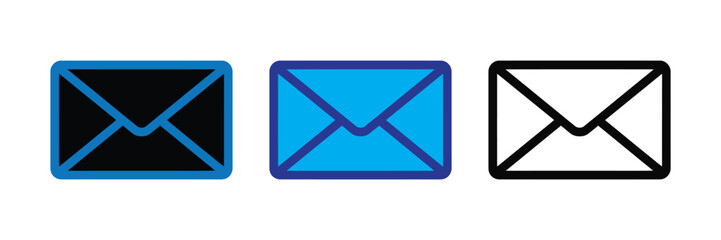 Three envelope icons in different styles black, blue, and outline, isolated on transparent background