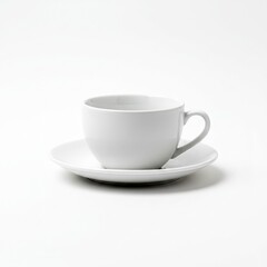 Fototapeta premium A minimalist still life photograph captures a pristine white ceramic coffee cup elegantly placed on a matching saucer, presented against a seamless white background to create a clean look.