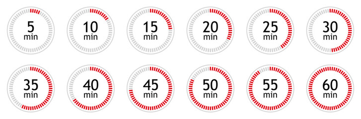 Set of circular countdown timer icons from 5 to 60 minutes. Timer, clock, stopwatch and cooking time icon set. 5, 10, 15, 20, 25, 30, 35, 40, 45, 50, 55, 60 minutes. Isolated vector illustration.