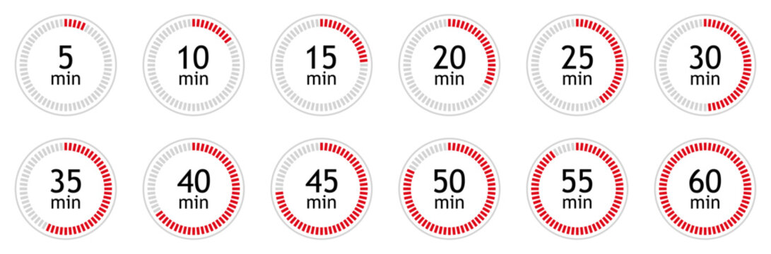 Set of circular countdown timer icons from 5 to 60 minutes. Timer, clock, stopwatch and cooking time icon set. 5, 10, 15, 20, 25, 30, 35, 40, 45, 50, 55, 60 minutes. Isolated vector illustration.