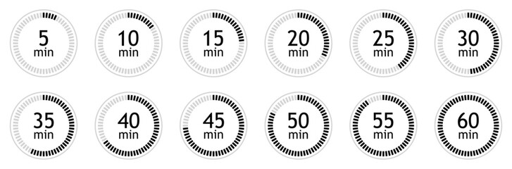 Set of circular countdown timer icons from 5 to 60 minutes. Timer, clock, stopwatch and cooking time icon set. 5, 10, 15, 20, 25, 30, 35, 40, 45, 50, 55, 60 minutes. Isolated vector illustration.