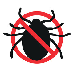 Vector hand drawn mite silhouette crossed in red circle isolated on white background