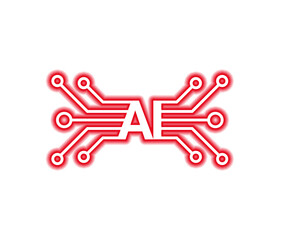 Futuristic AI neon circuit board design glowing in red with connected lines and nodes. Modern artificial intelligence technology icon symbolizing innovation and digital systems.