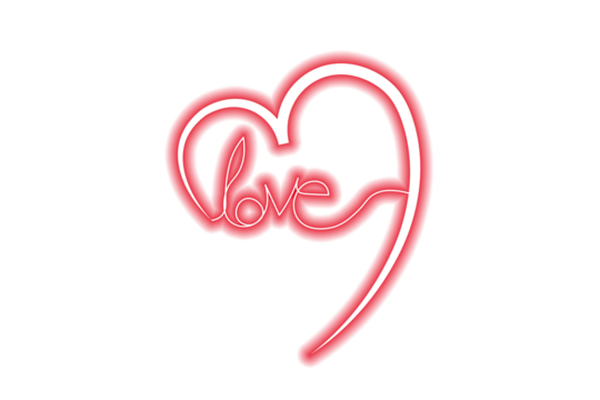 Romantic glowing neon red heart with love text, bright light sign for Valentine’s Day, wedding, couple, romance, decoration, poster, digital design, and modern graphic art projects.