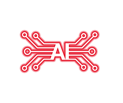 Futuristic AI neon circuit board design glowing in red with connected lines and nodes. Modern artificial intelligence technology icon symbolizing innovation and digital systems.