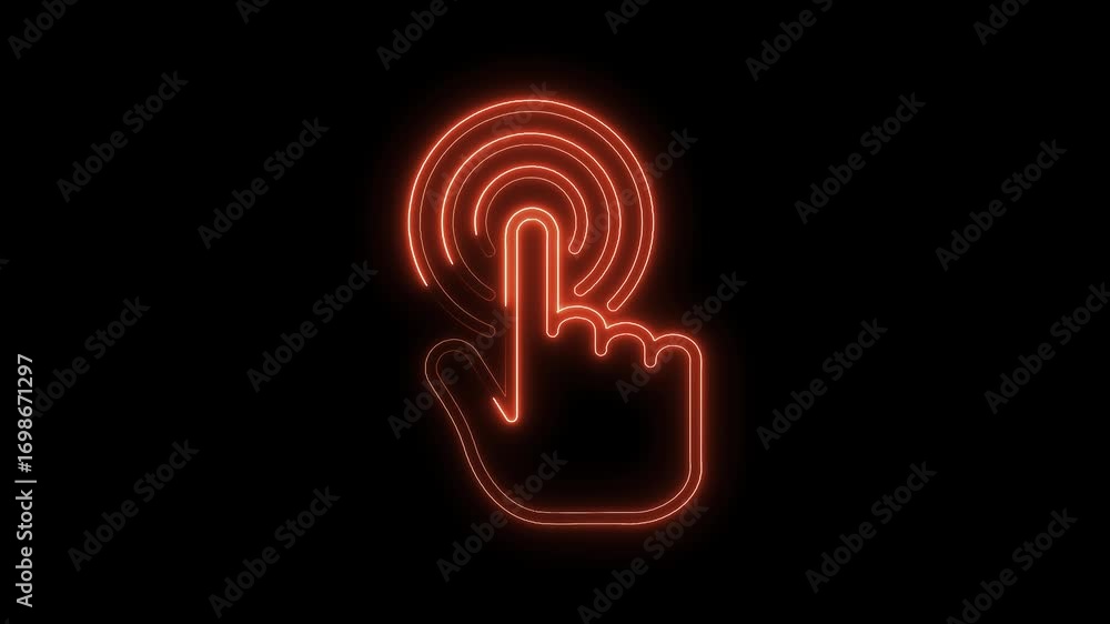 Poster glowing neon touch interface hand icon on black background technology interface animation