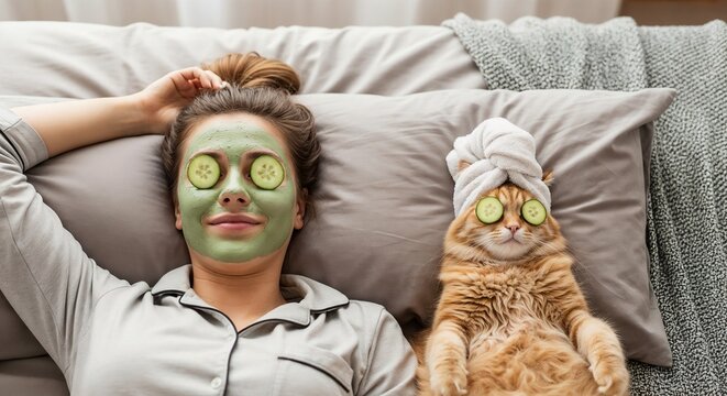 Woman and cat relaxing with face masks and cucumber slices at home - Powered by Adobe