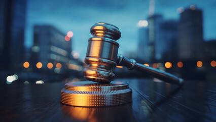 Close up of a gavel on a wooden surface with blurred city lights in the background at night time