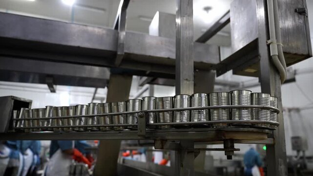Canning Line Efficiency: A bustling industrial setting showcases an automated canning line, with rows of pristine cans moving smoothly along a conveyor belt.