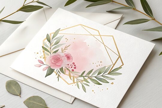 Elegant geometric wedding invitation with watercolor floral accents and eucalyptus leaves