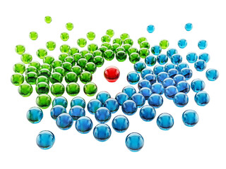 Red shiny sphere standing out among green and blue spheres on transparent background. 3D illustration