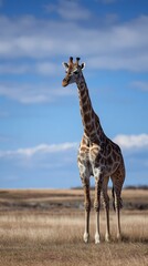 A solitary giraffe surveying the vast african savanna under a partly cloudy azure sky without