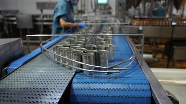 Food Canning Production Line: A detailed view of a food production line, where numerous cans are processed and moved along a conveyor belt.