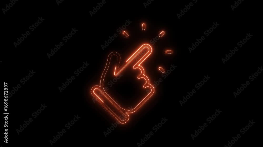 Poster glowing neon hand pointer icon with sparkles on black background animation