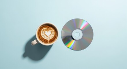 Latte art coffee mug and reflective cd on light blue surface