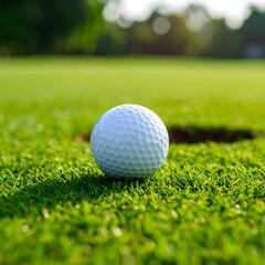 White golf ball near hole on green