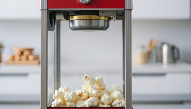 Popcorn machine with fresh popcorn in modern kitchen setting  
