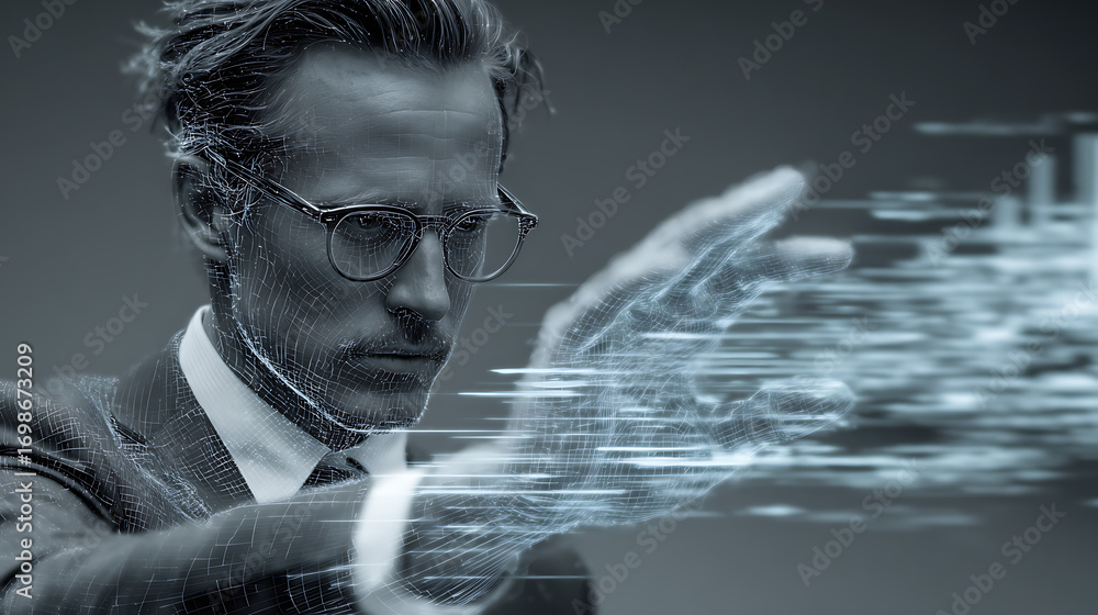 Poster modern workplace scene showing professional man in formal attire analyzing holographic data display 