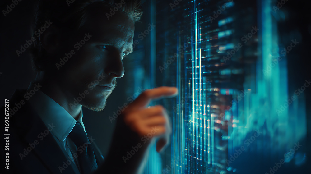 Poster modern workplace scene showing professional man in formal attire analyzing holographic data display 