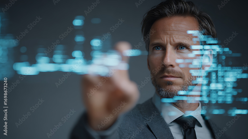 Poster futuristic business analytics concept showing professional man interacting with hologram display exa