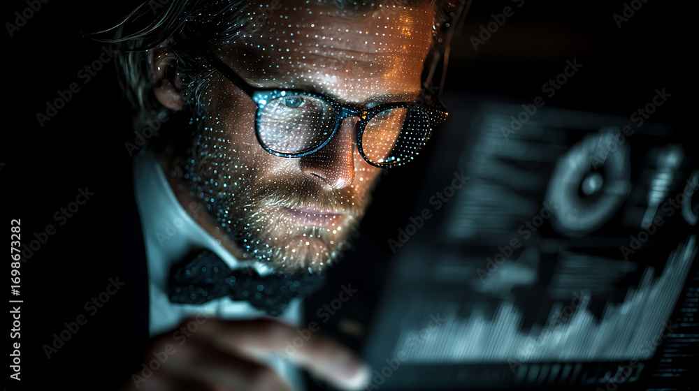 Poster futuristic business analytics concept showing professional man interacting with hologram display exa