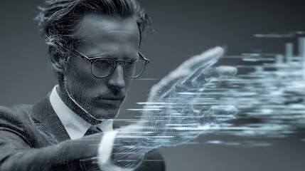 modern workplace scene showing professional man in formal attire analyzing holographic data display futuristic technology analytics innovation and corporate office environment