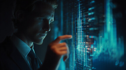 modern workplace scene showing professional man in formal attire analyzing holographic data display futuristic technology analytics innovation and corporate office environment