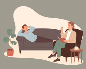 Calm therapy session in a flat vector style a man discusses mental health with his female psychologist