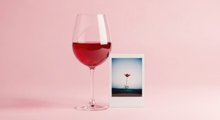 Glass of red wine and polaroid with flower on pink background