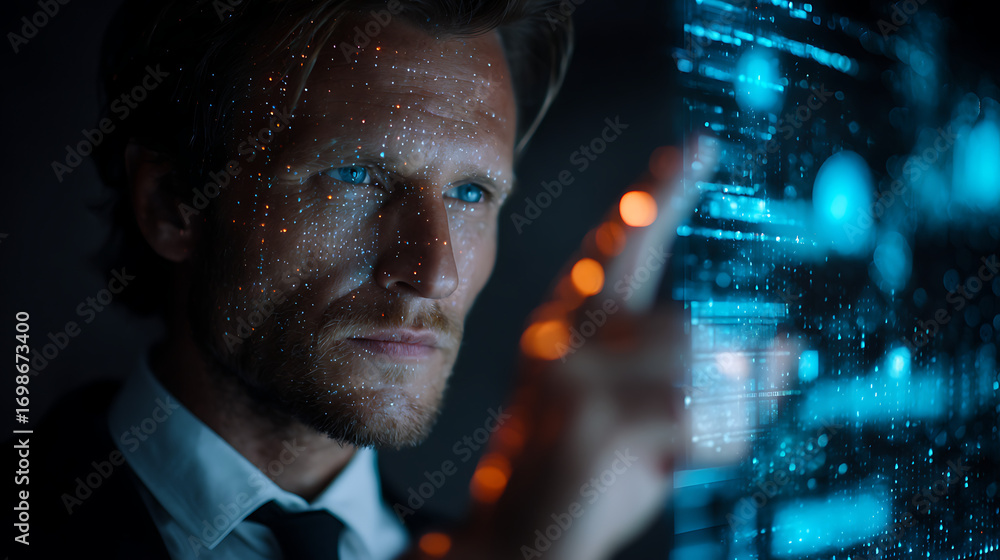 Poster modern workplace scene showing professional man in formal attire analyzing holographic data display 