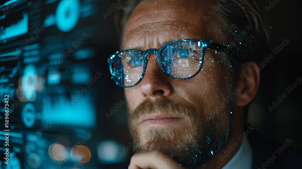 Poster modern workplace scene showing professional man in formal attire analyzing holographic data display 