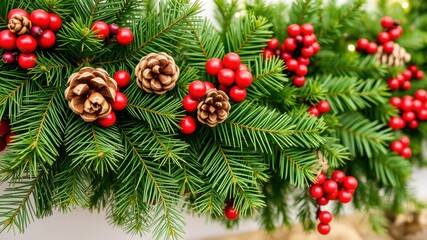 Close up of a festive christmas garland with green fir branches red berries and pine cones