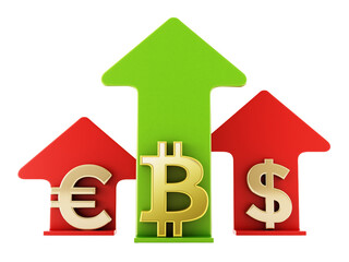 Bitcoin, dollar and euro symbols and rising arrows on transparent background