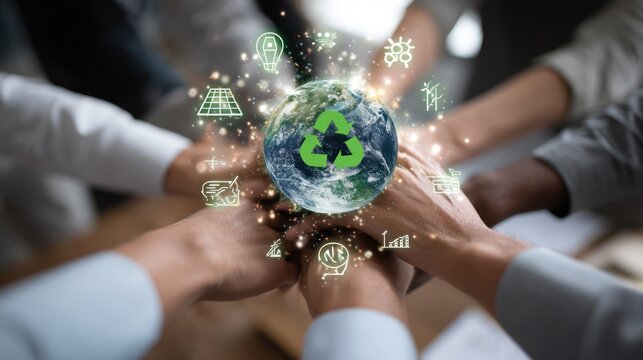 Hands of Diverse Professionals Collaborating in Support of Recycling and Global Sustainability, Surrounding a Planet Earth with Green Symbols
