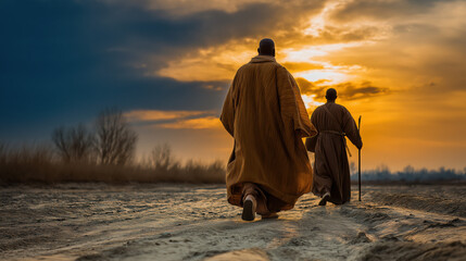 Elijah and Elisha walk together through a barren riverbed at sunset, their cloaks trailing in the dust, symbolizing prophetic succession and the passing of divine calling.