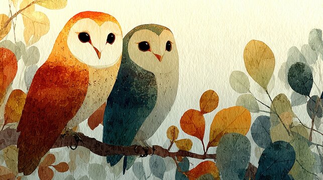  Two Owls on a Branch in a Tree - Oil on Canvas, 18x24 inches