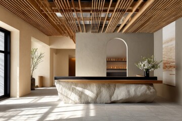 Modern Minimalist Spa Interior With Elegant Wood Features and Natural Stone Accents, Concept of Wellness and Hospitality Businesses