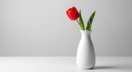Single red tulip in a white vase standing on a white surface against a neutral gray background creating a minimalist, elegant, and serene atmosphere