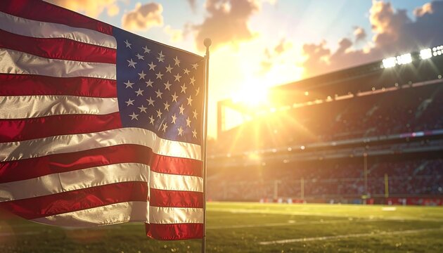 American flag waving over a stadium at sunset (1)