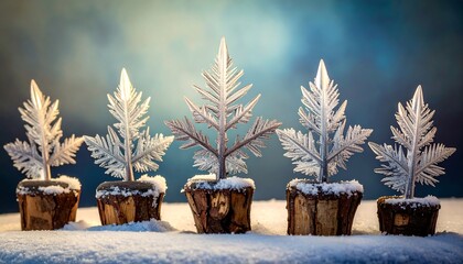Four small, stylized, frosted trees in wooden pots on snow