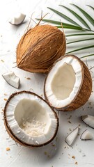 Fresh coconut halves and whole coconut displaying white flesh tropical fruit