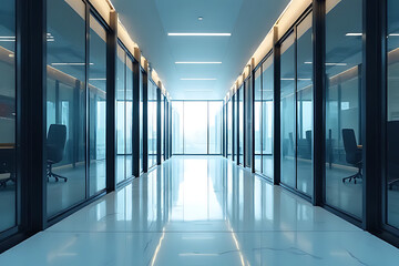 Long office hallway with glass-walled rooms reflecting light and chairs with bright white marble floor and ceiling lights