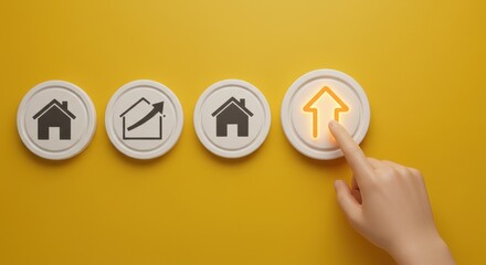 Hand choosing a glowing upward arrow icon among house symbols, representing a strategic choice for real estate investment and property market growth