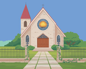 Fototapeta premium A serene vector illustration of a classic stone church building with a steeple and garden